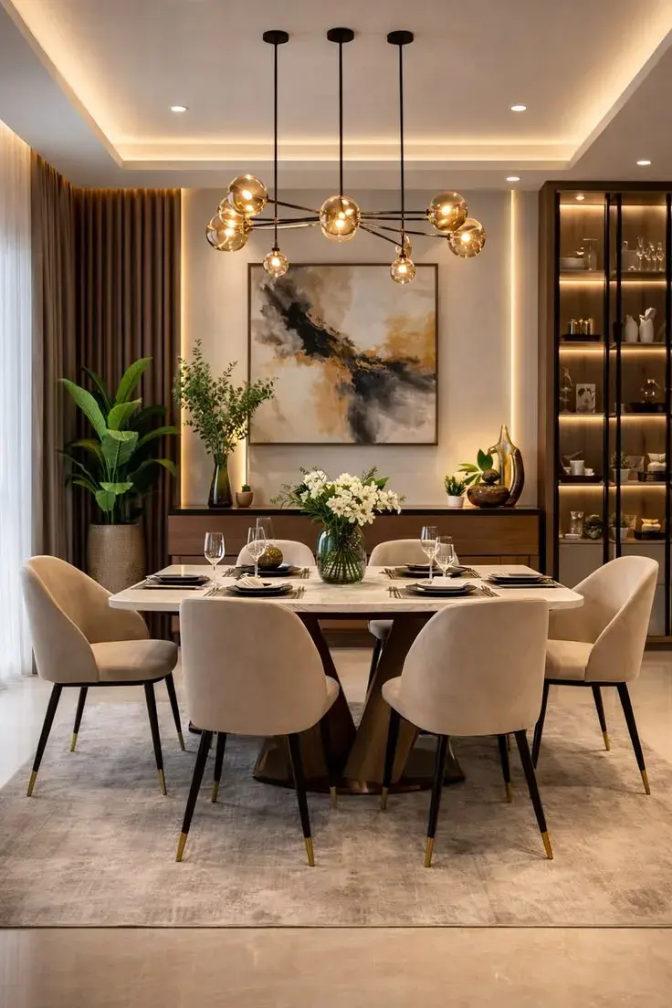 Dining room with a marble table, velvet chairs and a sculptural pendant cluster