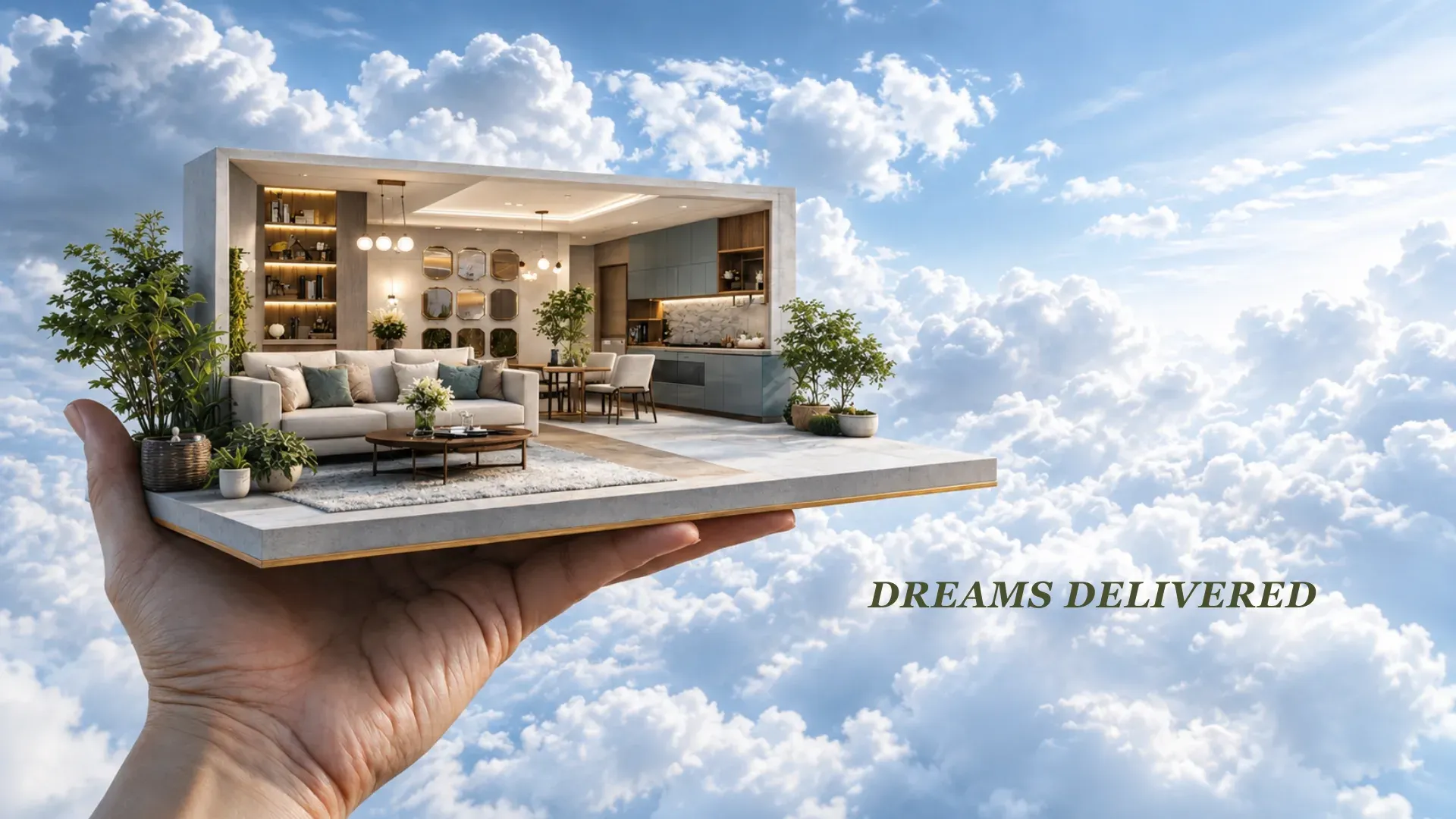 An RGL Decors living and dining interior held in an open hand above the clouds
