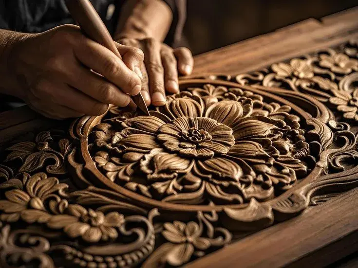 A craftsman hand-carving a floral timber panel with a chisel