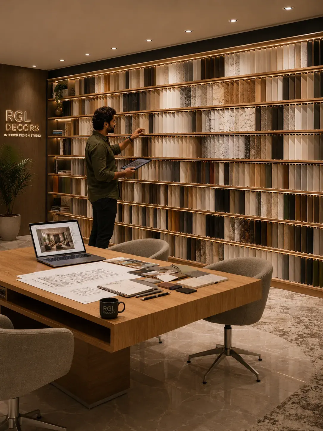 The RGL Decors studio in Chennai — a full-height material library of laminates, veneers and stone beside a drawing table