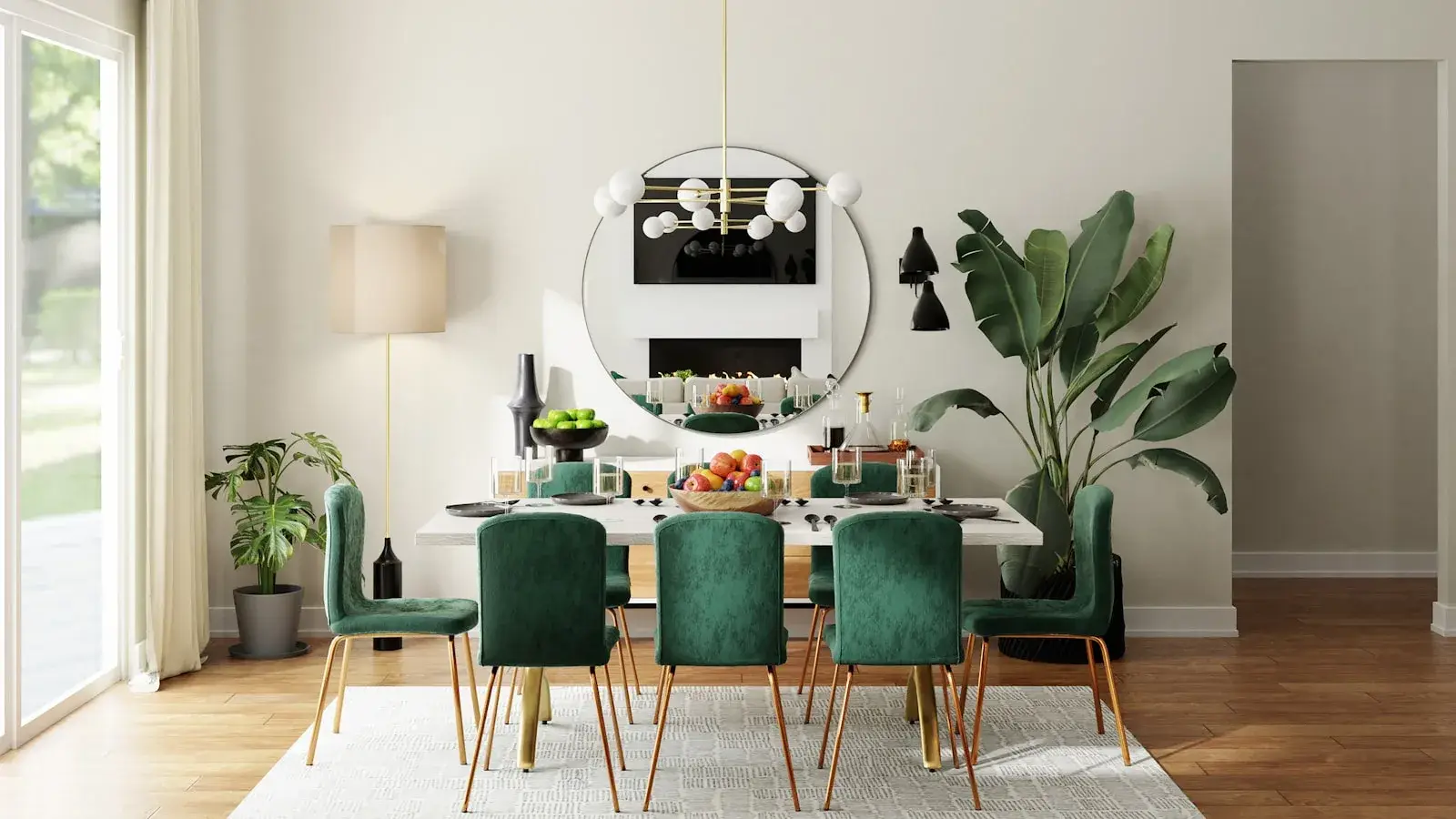 Hospitality dining room lit by a pendant cluster over solid timber tables