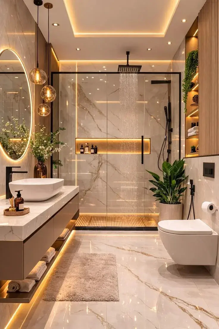 A completed RGL Decors bathroom in book-matched marble with a walk-in rain shower