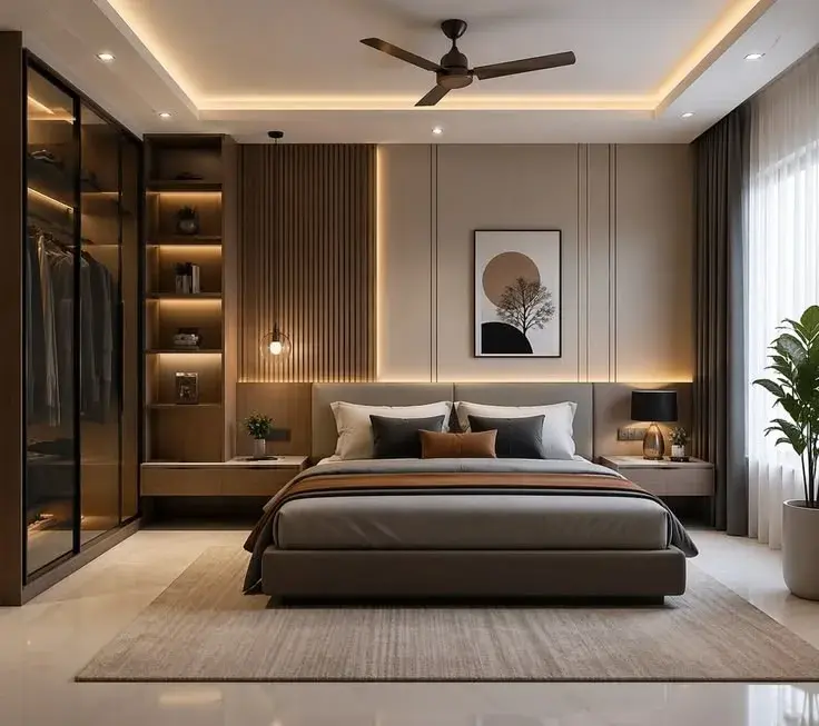 A completed RGL Decors bedroom with fitted wardrobes and a slatted headboard wall