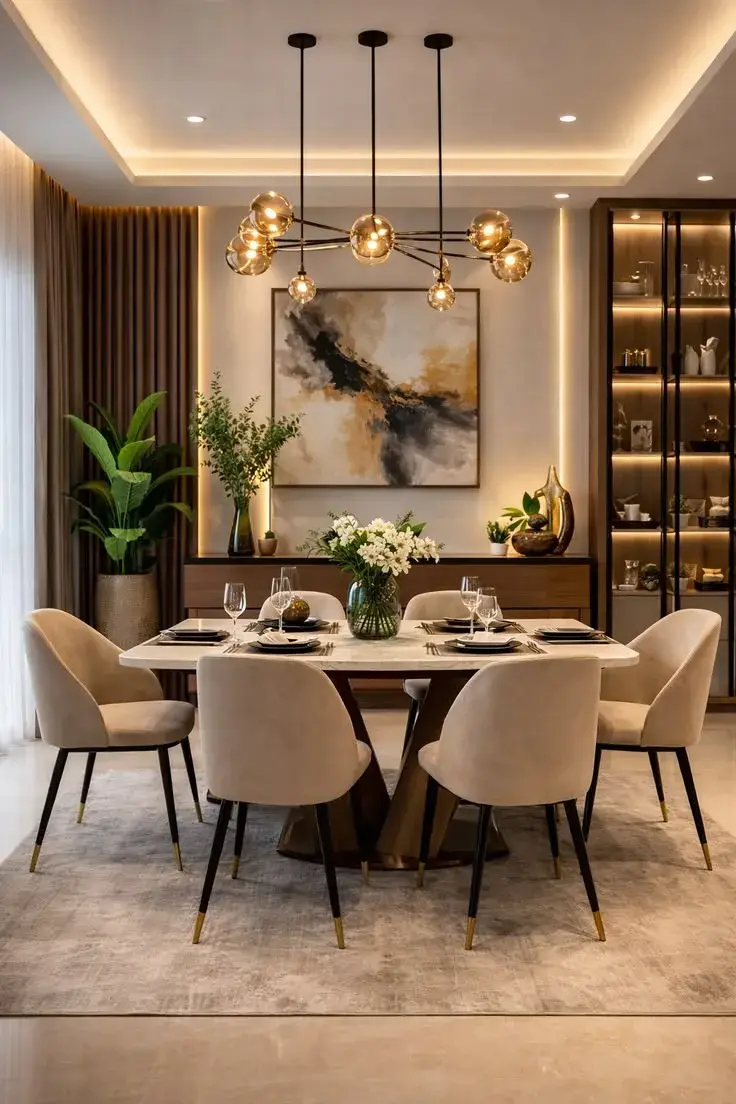 Contemporary hospitality dining room with pendant lighting over timber tables