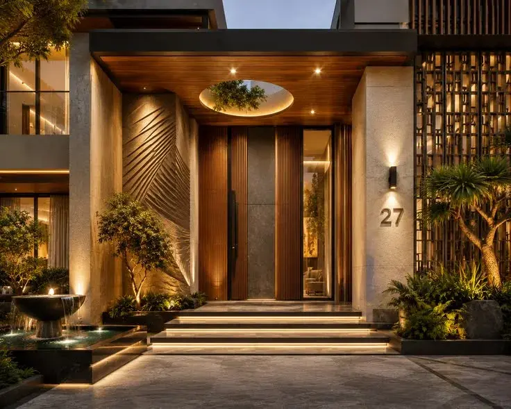 A lit entrance foyer by RGL Decors with fluted timber doors and a water feature