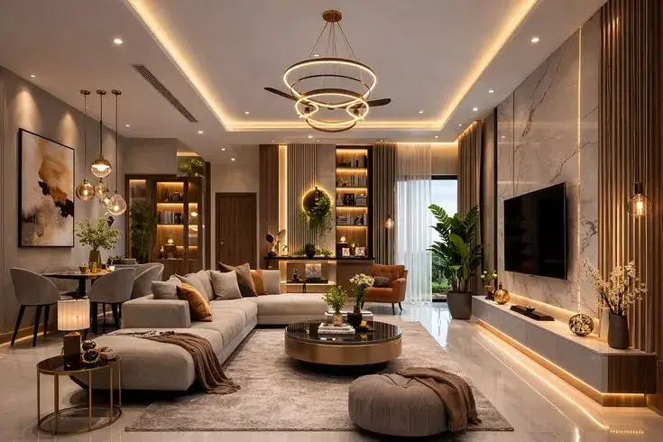 Contemporary living and dining room with layered cove lighting and a marble media wall